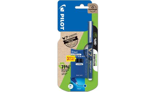 Pilot V7 Hi-Tecpoint Cartridge System Rollerball Pen with 3 Refills Blue