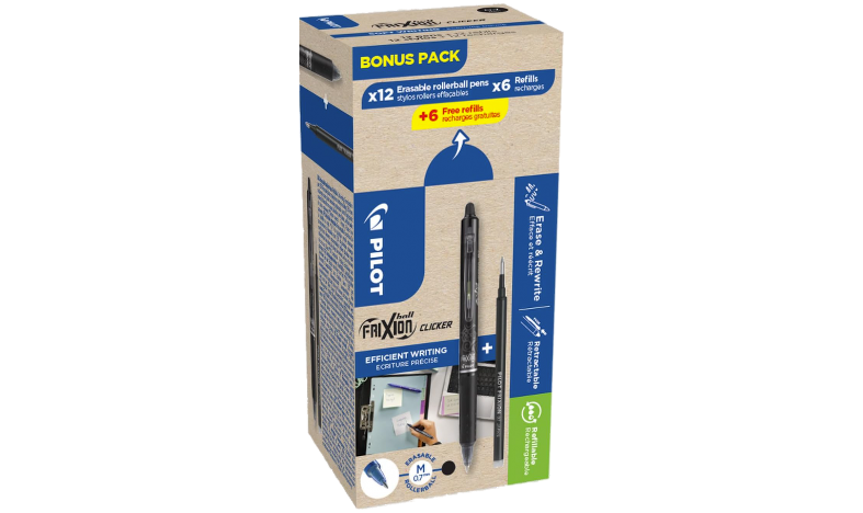 Pilot FriXion Clicker 07 Erasable Rollerball Pen Black Box of 24 Black (12 Pens + 12 Refills)