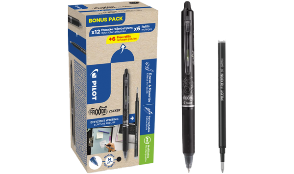 Pilot FriXion Clicker 07 Erasable Rollerball Pen Black Box of 24 Black (12 Pens + 12 Refills)