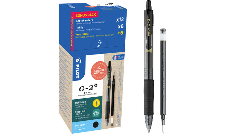 Pilot G2 Plus BegreeN 0.7 Gel Rollerball Pen Black Box of 24 (12 Pens + 12 Refills)