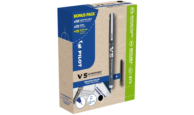 Pilot V5 Hi-Tecpoint Cartridge System Rollerball Pen Black Box of 40 (10 Pens + 30 Refills)