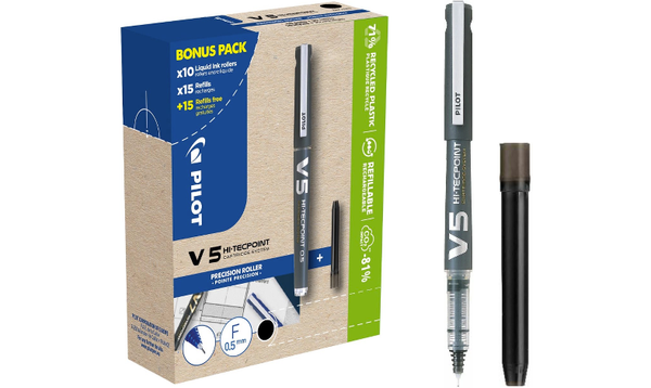 Pilot V5 Hi-Tecpoint Cartridge System Rollerball Pen Black Box of 40 (10 Pens + 30 Refills)