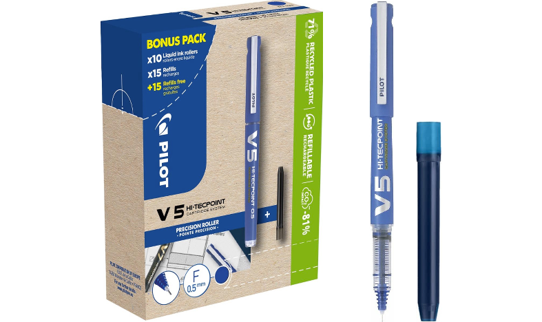 Pilot V5 Hi-Tecpoint Cartridge System Rollerball Pen Blue Box of 40 (10 Pens + 30 Refills)