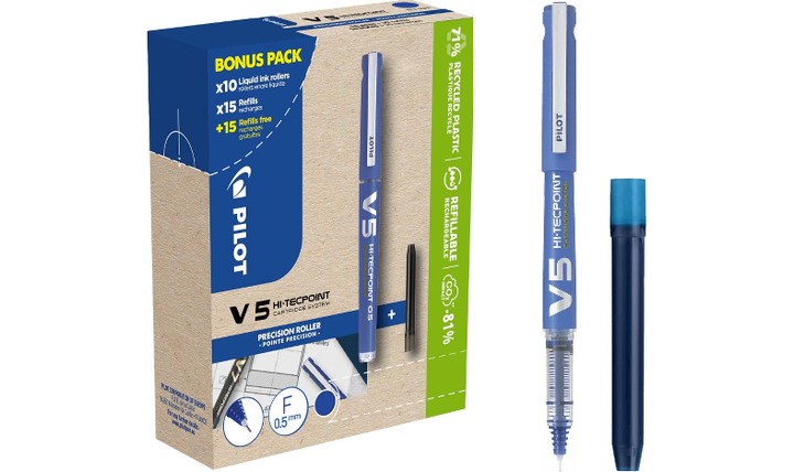 Pilot V5 Hi-Tecpoint Cartridge System Rollerball Pen Blue Box of 40 (10 Pens + 30 Refills)
