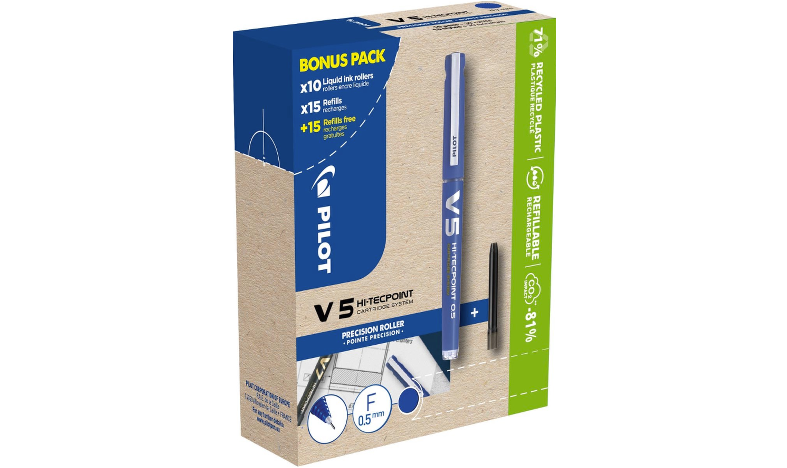 Pilot V5 Hi-Tecpoint Cartridge System Rollerball Pen Blue Box of 40 (10 Pens + 30 Refills)