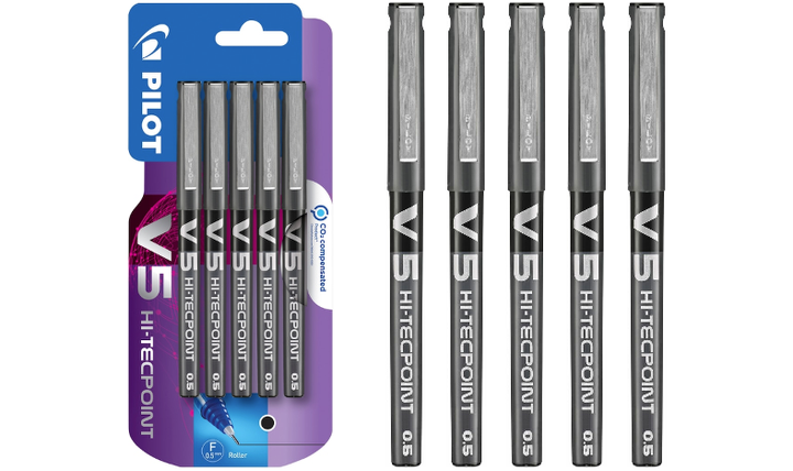 Pilot V5 Hi-Tecpoint Rollerball Pen Black Pack of 5