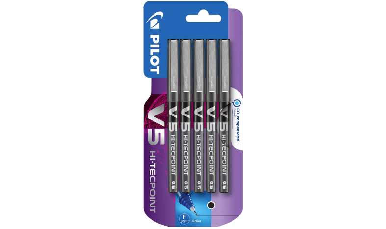 Pilot V5 Hi-Tecpoint Rollerball Pen Black Pack of 5