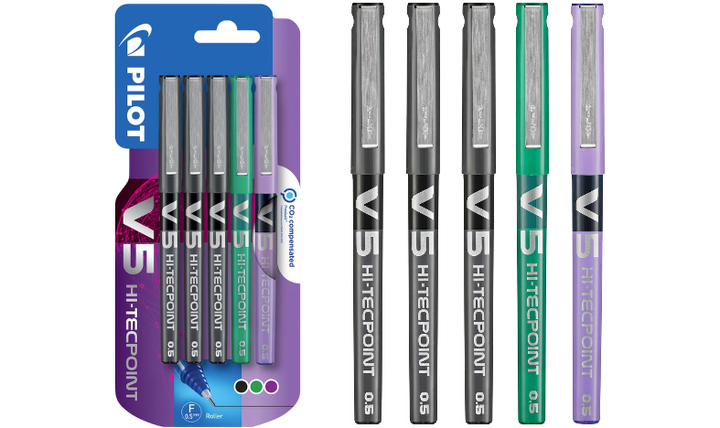 Pilot V5 Hi-Tecpoint Rollerball Pen Pack of 5 (3 Black, 1 Green and 1 Violet)