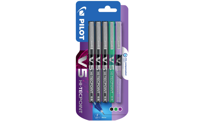 Pilot V5 Hi-Tecpoint Rollerball Pen Pack of 5 (3 Black, 1 Green and 1 Violet)