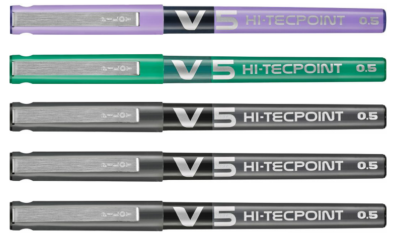 Pilot V5 Hi-Tecpoint Rollerball Pen Pack of 5 (3 Black, 1 Green and 1 Violet)