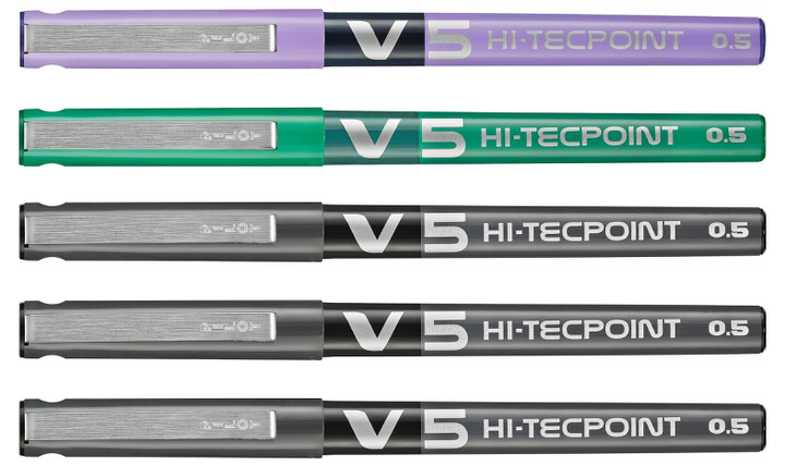 Pilot V5 Hi-Tecpoint Rollerball Pen Pack of 5 (3 Black, 1 Green and 1 Violet)