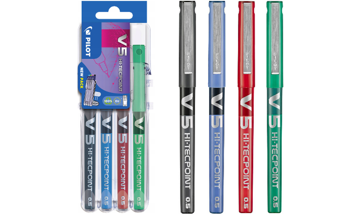 Pilot V5 Hi-Tecpoint Rollerball Pen Set of 4 (Black, Blue, Red, Green)