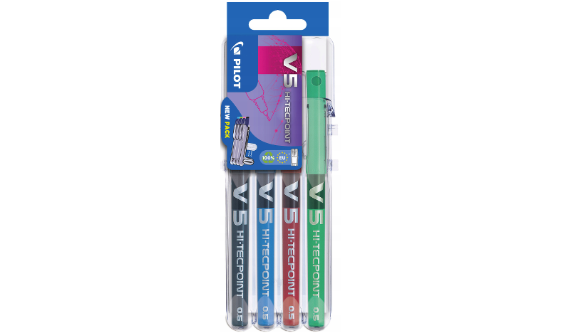 Pilot V5 Hi-Tecpoint Rollerball Pen Set of 4 (Black, Blue, Red, Green)