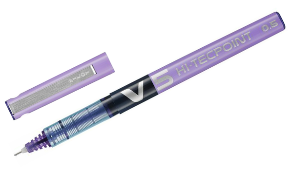 Pilot V5 Hi-Tecpoint Rollerball Pen Pack of 5 (3 Black, 1 Green and 1 Violet)