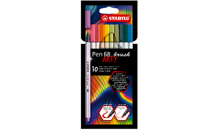 Premium Fibre-Tip Pen with Brush Tip - STABILO Pen 68 brush - ARTY - Pack of 10 - Assorted Colours