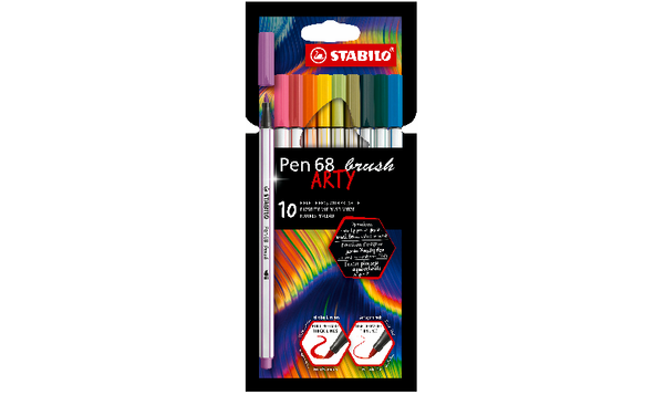 Premium Fibre-Tip Pen with Brush Tip - STABILO Pen 68 brush - ARTY - Pack of 10 - Assorted Colours