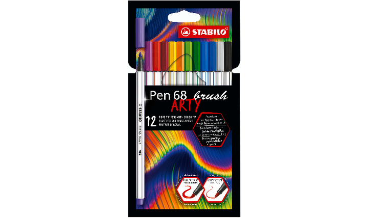 Premium Fibre-Tip Pen with Brush Tip - STABILO Pen 68 brush - ARTY - Pack of 12 - Assorted Colours