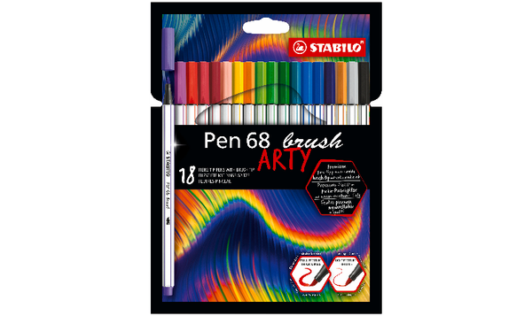 Premium Fibre-Tip Pen with Brush Tip - STABILO Pen 68 brush - ARTY - Pack of 18 - Assorted Colours