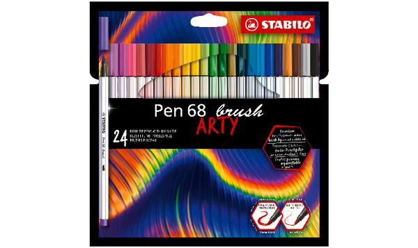 Premium Fibre-Tip Pen with Brush Tip - STABILO Pen 68 brush - ARTY - Pack of 24 - Assorted Colours