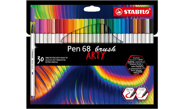 Premium Fibre-Tip Pen with Brush Tip - STABILO Pen 68 brush - ARTY - Pack of 30 - Assorted Colours