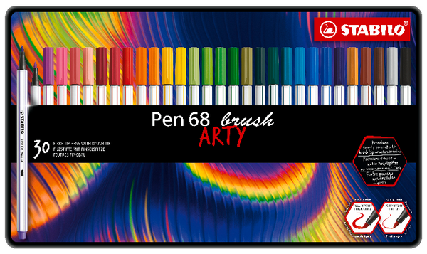 Premium Fibre-Tip Pen with Brush Tip - STABILO Pen 68 brush - ARTY - Tin of 30 - Assorted Colours