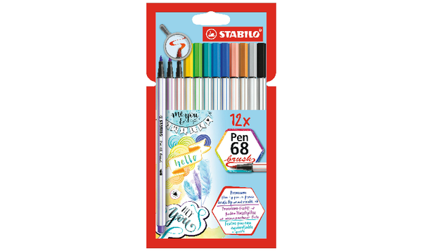 Premium Fibre-Tip Pen with Brush Tip - STABILO Pen 68 brush - Pack of 12 - Assorted Colours