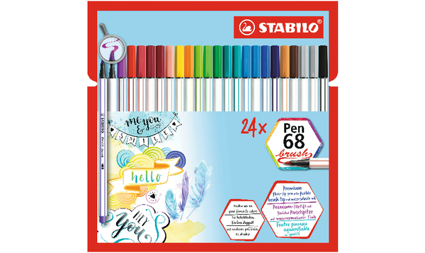 Premium Fibre-Tip Pen with Brush Tip - STABILO Pen 68 brush - Pack of 24 - Assorted Colours