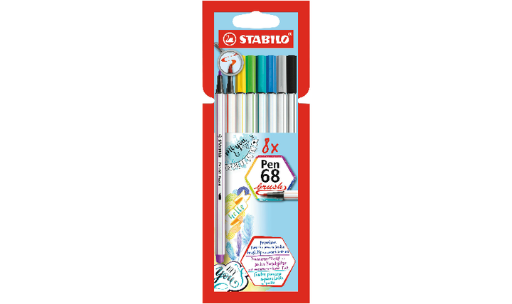 Premium Fibre-Tip Pen with Brush Tip - STABILO Pen 68 brush - Pack of 8 - Assorted Colours