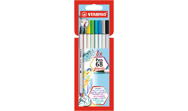 Premium Fibre-Tip Pen with Brush Tip - STABILO Pen 68 brush - Pack of 8 - Assorted Colours