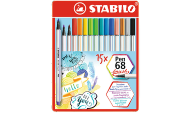 Premium Fibre-Tip Pen with Brush Tip - STABILO Pen 68 brush - Tin of 15 - Assorted Colours