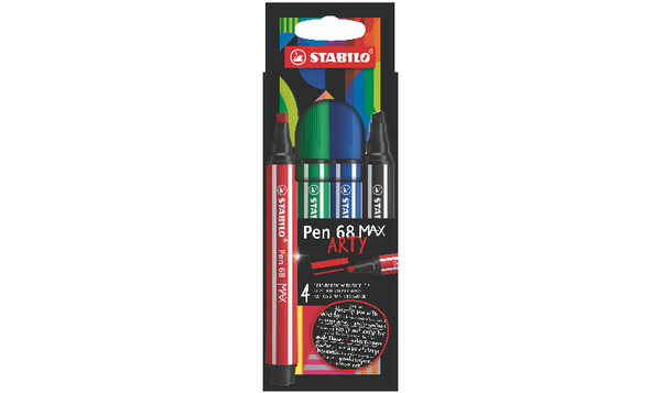 Premium Fibre-Tip Pen with Chisel Tip - STABILO Pen 68 MAX - ARTY - Pack of 4 - Assorted Colours