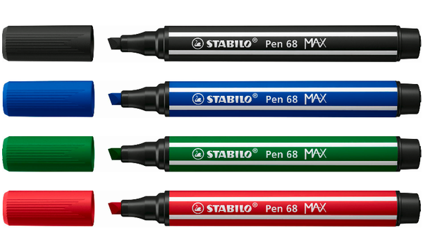 Premium Fibre-Tip Pen with Chisel Tip - STABILO Pen 68 MAX - ARTY - Pack of 4 - Assorted Colours