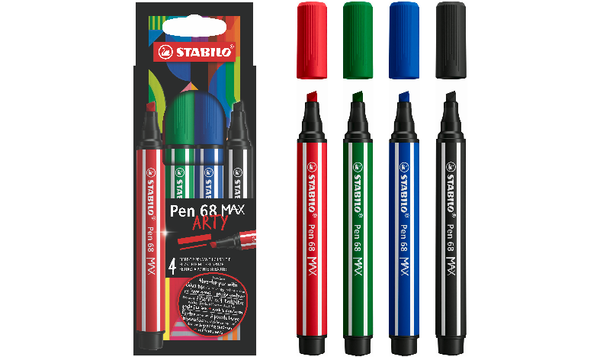Premium Fibre-Tip Pen with Chisel Tip - STABILO Pen 68 MAX - ARTY - Pack of 4 - Assorted Colours