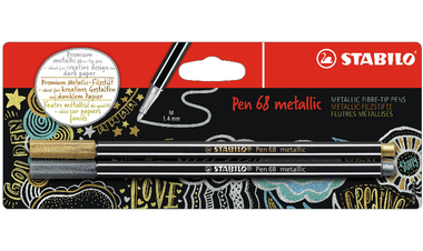 Premium Metallic Fibre-Tip Pen - STABILO Pen 68 metallic - Pack of 2 - Gold, Silver