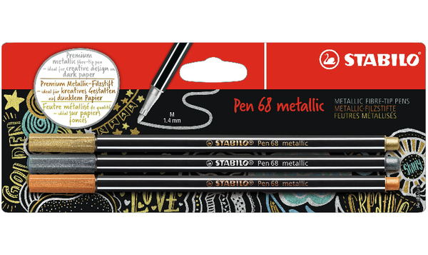 Premium Metallic Fibre-Tip Pen - STABILO Pen 68 metallic - Pack of 3 - Gold, Silver, Copper