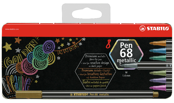 Premium Metallic Fibre-Tip Pen - STABILO Pen 68 metallic - Tin of 8 - Assorted Colours with Hanging Loop