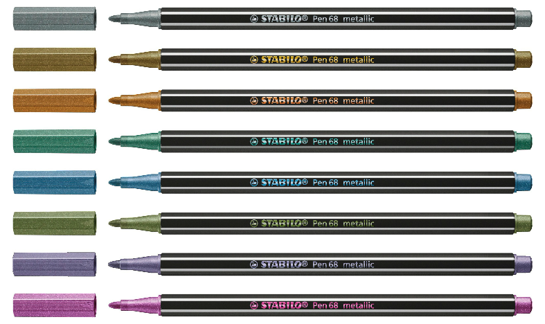 Premium Metallic Fibre-Tip Pen - STABILO Pen 68 metallic - Tin of 8 - Assorted Colours with Hanging Loop