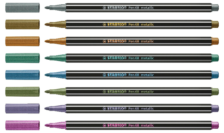 Premium Metallic Fibre-Tip Pen - STABILO Pen 68 metallic - Tin of 8 - Assorted Colours with Hanging Loop