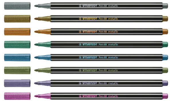 Premium Metallic Fibre-Tip Pen - STABILO Pen 68 metallic - Tin of 8 - Assorted Colours with Hanging Loop