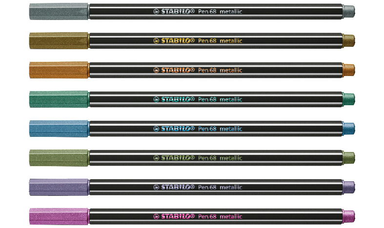 Premium Metallic Fibre-Tip Pen - STABILO Pen 68 metallic - Tin of 8 - Assorted Colours with Hanging Loop
