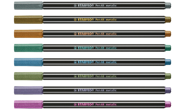 Premium Metallic Fibre-Tip Pen - STABILO Pen 68 metallic - Tin of 8 - Assorted Colours with Hanging Loop