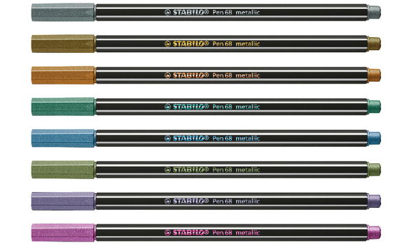 Premium Metallic Fibre-Tip Pen - STABILO Pen 68 metallic - Tin of 8 - Assorted Colours with Hanging Loop