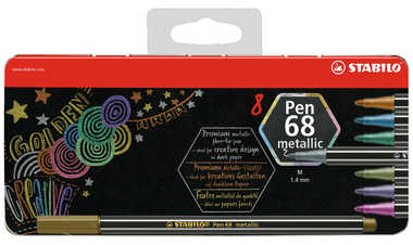 Premium Metallic Fibre-Tip Pen - STABILO Pen 68 metallic - Tin of 8 - Assorted Colours with Hanging Loop