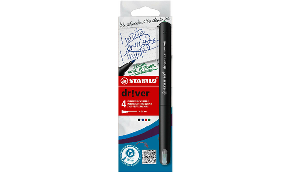 Premium Felt-Tip Pen - STABILO dr!ver - Medium - Pack of 4 - Black, Blue, Green, Red