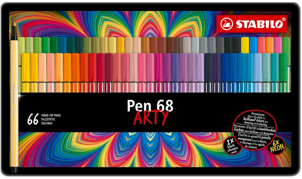 Premium Fibre-Tip Pen - STABILO Pen 68 - ARTY - Tin of 66 - Assorted Colours