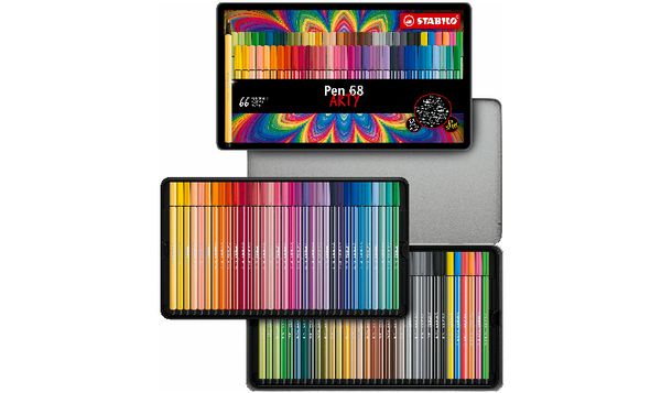 Premium Fibre-Tip Pen - STABILO Pen 68 - ARTY - Tin of 66 - Assorted Colours