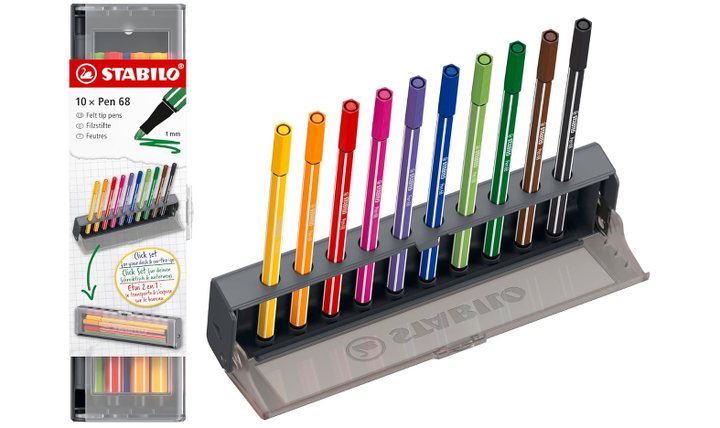 Premium Fibre-Tip Pen - STABILO Pen 68 - Click Set Pack of 10 - Assorted Colours