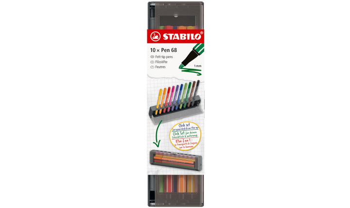 Premium Fibre-Tip Pen - STABILO Pen 68 - Click Set Pack of 10 - Assorted Colours