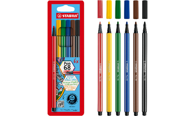 Premium Fibre-Tip Pen - STABILO Pen 68 - Pack of 6 - Assorted Colours