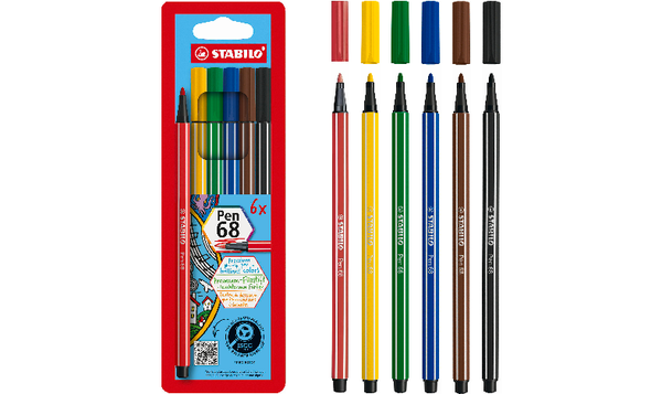 Premium Fibre-Tip Pen - STABILO Pen 68 - Pack of 6 - Assorted Colours